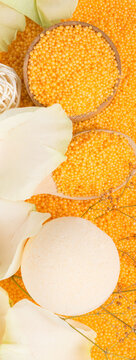 Orange pearl spa Treatment Set and bath bombs, top view