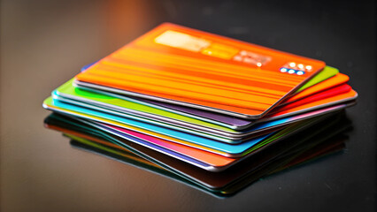 A pile of colorful credit cards fanned out, showcasing diverse financial options. Abstract background.