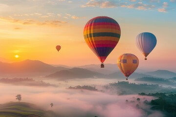 Fototapeta premium Hot Air Balloons Soaring Above a Misty Mountain Landscape