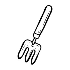 Garden tool rake hand drawn in doodle style. Hobby gardening. Mini pitchforks. Loosening the earth. Vector line art illustration.