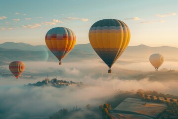 Obraz premium Hot Air Balloons Soaring Above Misty Landscape