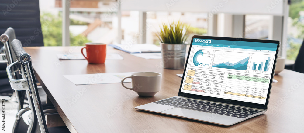 Poster spreadsheet document information financial startup concept. data and graphs in spreadsheet documents