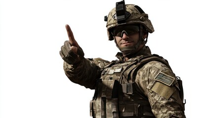 Fototapeta premium A soldier shows approval by raising his finger up, cut out - stock png.