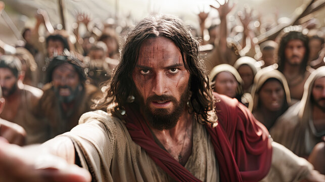 A man in biblical clothing reaching out with angry crowd behind him faith christianity savior religion jesus christ gospel new testament god spirituality belief preaching sermon forgiveness hope love