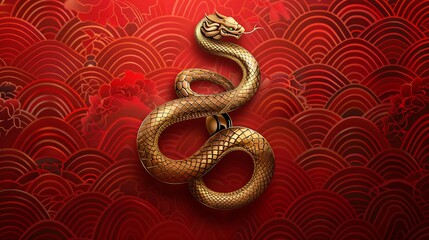 Golden Snake on Red Chinese Pattern Background