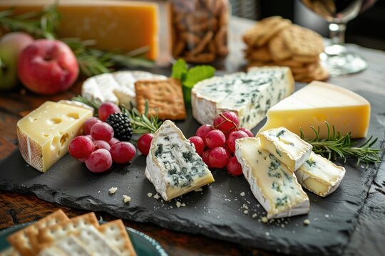A  selection of cheeses, crackers, fruit, and wine on a slate board, perfect for a party or gathering.
