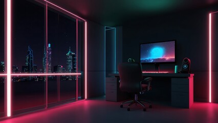 Robotic gamer room with colorful neon lights in future