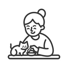 Line Art Illustration: Woman Sharing Meal with Kitten