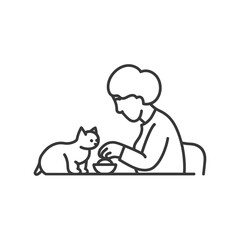 Line Art Illustration: Elderly Woman Feeding Her Cat at a Table