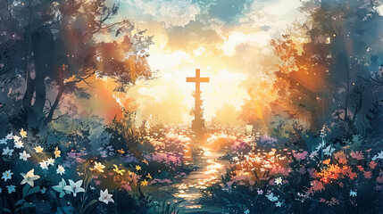 Fototapeta premium Christian cross in a magical forest landscape with flowers faith hope heaven god jesus christ religion belief