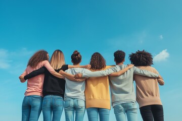 Friends Standing Together Embracing Friendship Against a Clear Blue Sky