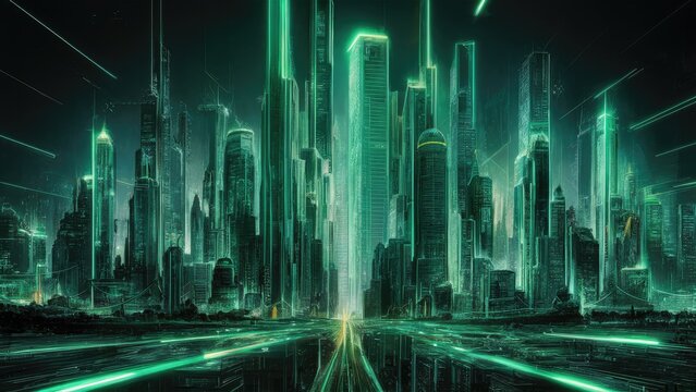 Futuristic skyline illuminated with vibrant neon green light exuding energy and dynamism