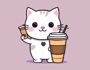 Cute little cat with coffee drink kawaii character
