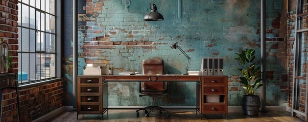 Industrial home office with a metal desk, exposed brick walls, and vintage lighting, 4K hyperrealistic photo