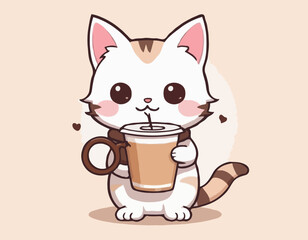 Cute little cat with coffee drink kawaii character
