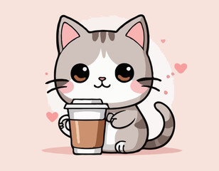 Cute little cat with coffee drink kawaii character
