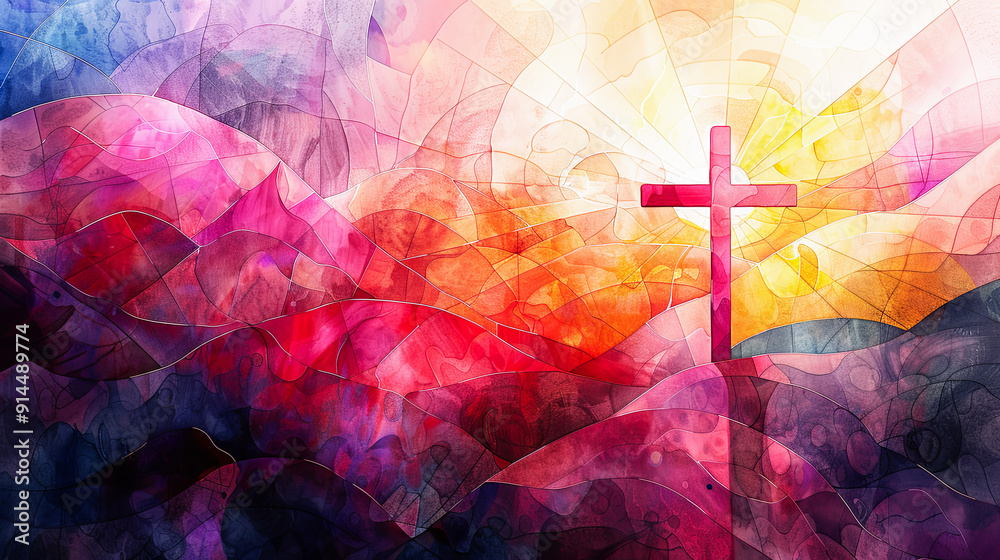 Wall mural Abstract painting of cross on a hill sunrise easter faith christianity religion hope love god jesus christ christian watercolor background illustration artwork art religious