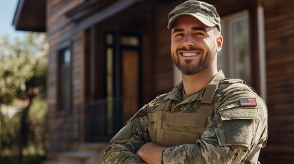 Fototapeta premium Portrait of a Happy male soldier with a smile while standing outside her house. American serviceman coming back home after serving her country in the military.