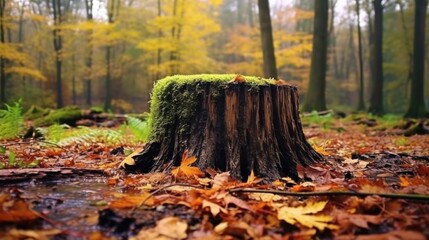 A Moss Covered Tree Stump in an Autumn Forest