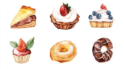Hand-painted watercolor illustrations of various pastries, showcasing delicious desserts like cupcakes, croissants, and fruit tarts.
