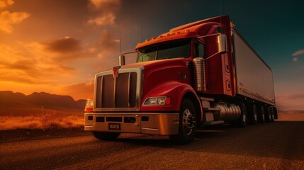 Red Semi-Truck on a Country Road at Sunset