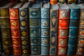 A collection of old books neatly arranged on a wooden shelf, showcasing their worn spines and vintage covers.