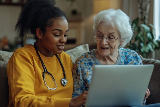 Caring Healthcare Professional Assisting Senior Woman With Laptop in Cozy Living Room - Powered by Adobe