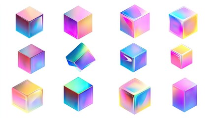 Abstract collection of geometric 3D cubes with holographic gradient colors, isolated on white, for realistic and visually striking vector designs.