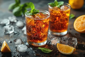 Cuba Libre or long island iced tea cocktail with strong drinks, cola, lime and ice in glass
