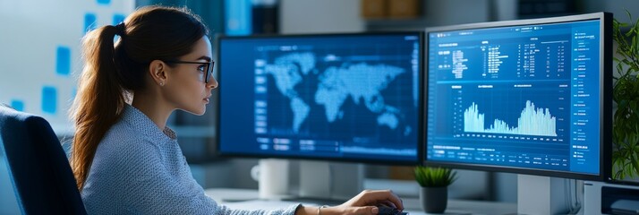 Focused businesswoman analyzing data charts on dual monitors in office setting, concept of analytics