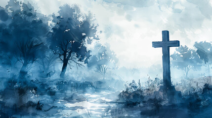 Fototapeta premium Watercolor painting mystical forest cross graveyard fog spooky atmospheric creepy dark halloween gothic trees river landscape nature moonlight eerie scenery