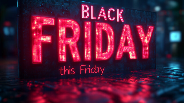 "BLACK FRIDAY" in neon red letters on a black background with a percentage icon and "this Friday" in the corner