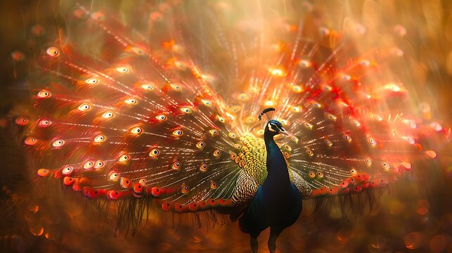 Dynamic image capturing peacock midstrut feather fanned out display of courtship or territorial behavior motion blur adding sense of energy vitality scene 