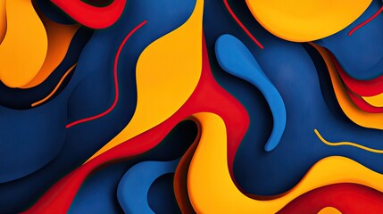 Obraz premium Abstract design with a blue background and red-yellow wave motifs, ideal for creating lively and modern visual elements.