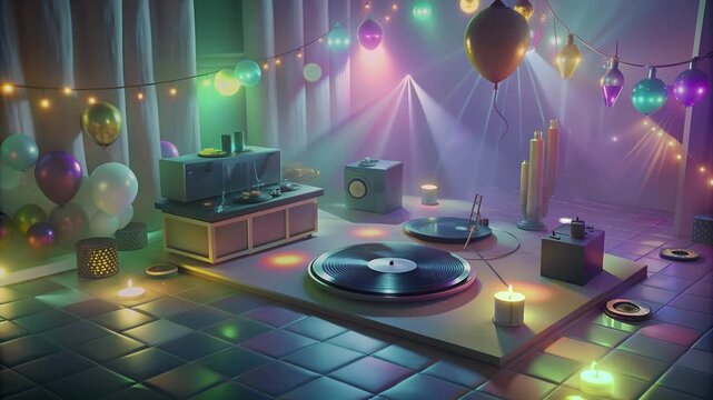 Cozy Retro Party Room with Vinyl Records and Colorful Lights
