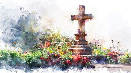 Fototapeta premium Stone cross monument surrounded by colorful flowers in watercolor painting style religion Christianity faith God Jesus Christ watercolor background colorful vibrant art artwork floral blooming blossom