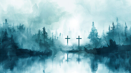 Two crosses forest lake reflection nature landscape christian religion faith hope love god jesus christ spiritual peaceful calm tranquil serene quiet solitude mysterious dark moody somber ethereal