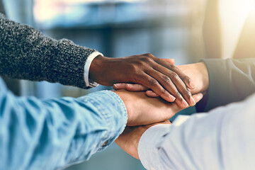 Business, people and hands with pile for teamwork with employee solidarity, inclusion and equality...