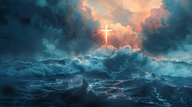 Glowing cross above stormy sea faith hope religion god jesus christ christianity spiritual storm waves ocean water power nature dramatic sky clouds rain dark light shining symbol belief