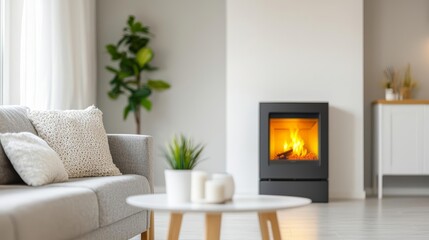 Modern fireplace with pellet stove, cozy living room, high-res digital art