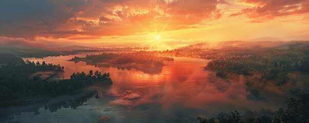 Naklejka premium Colorful sunrise over a foggy coastline, 4K hyperrealistic photo