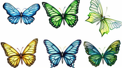 set of colorful butterflies isolated on white background