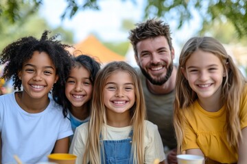 Obraz premium Group Of Five Children Smiling Together With Enthusiastic Adult Outdoors During Bright Day