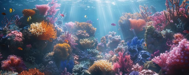 Naklejka premium Colorful coral reef teeming with marine life, 4K hyperrealistic photo