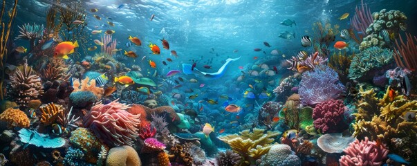 Beautiful mermaid swimming through a coral reef with colorful fish, 4K hyperrealistic photo