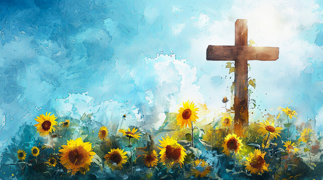 Wooden cross in sunflower field faith hope love religion christian christianity jesus god heaven spiritual sunflowers yellow nature blue sky background abstract painting art artistic wall art