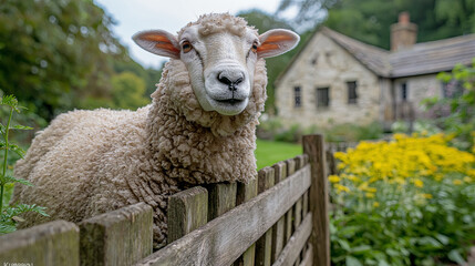 Fototapeta premium Curious Sheep Peering Over Wooden Fence in Rustic Countryside Setting