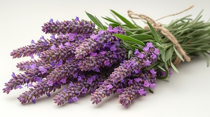 Fototapeta premium Fragrant lavender bloom adorning a single stalk its slender stems dotted with tiny purple flowers exuding a calming aroma in white background 