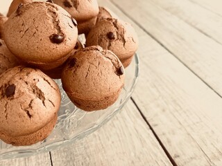 Chocolate chip muffins on the table.