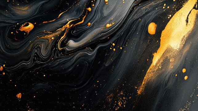 Beautifully swirling black and gold fluid art on a marble background, creating a stunning abstract visual effect.